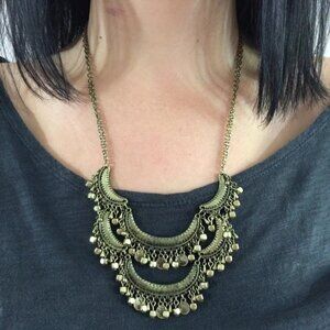 Garbo-Bronze Scalloped Layer Dangle Boho Necklace-NEW